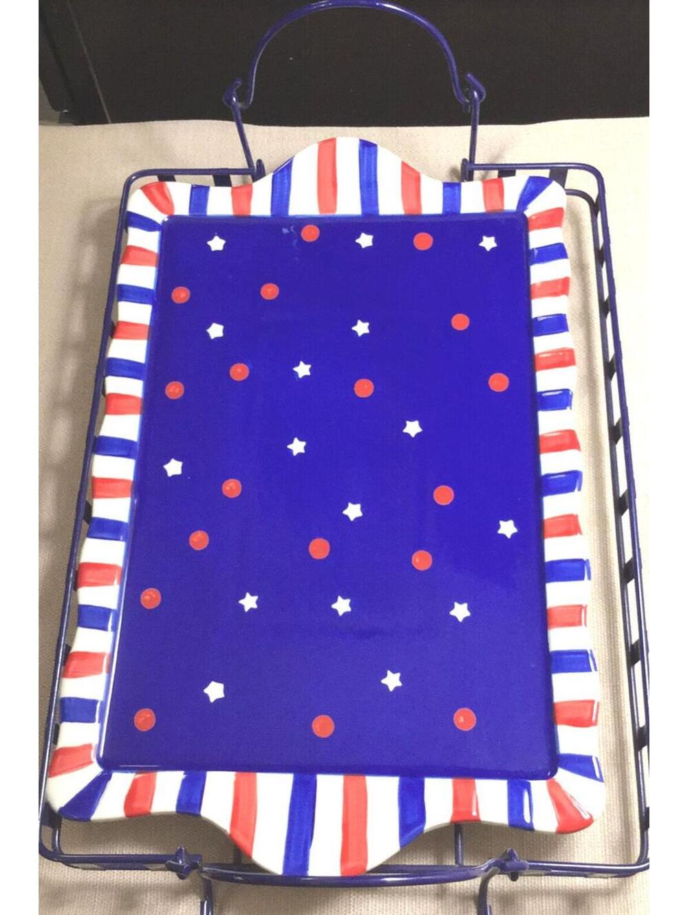 Vintage Americana Patriotic Serving Tray Red White Blue Kitchen Decor